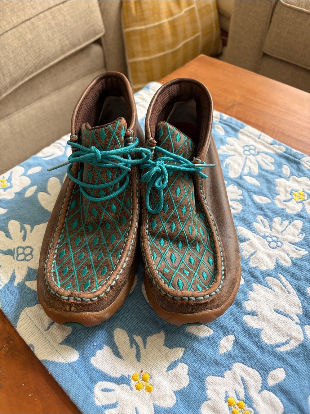 Twisted X Teal and Brown Diamond-Pattern Slip-On Loafers